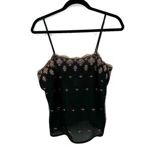 NATORI Black Gold Star Embroidered Sheer Crop Lounge Sleep Cami Tank Top Medium